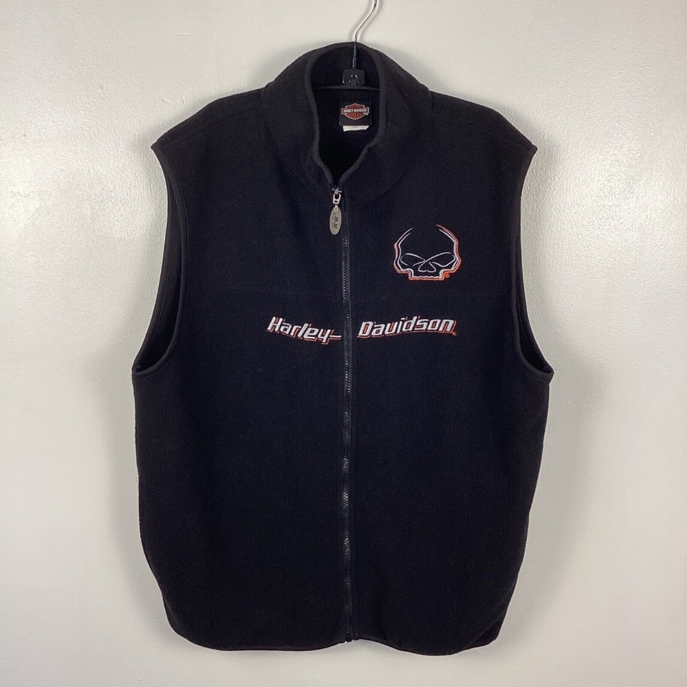 Harley Davidson Fleece Sweatshirt Vest Men's Large Black Full Zip Skull